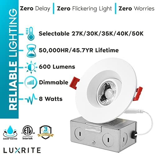 LUXRITE 3 Inch Gimbal Állítható LED Süllyesztett Fény a J-Box, 8W, 5 Szín Választható 2700K-5000K, 600