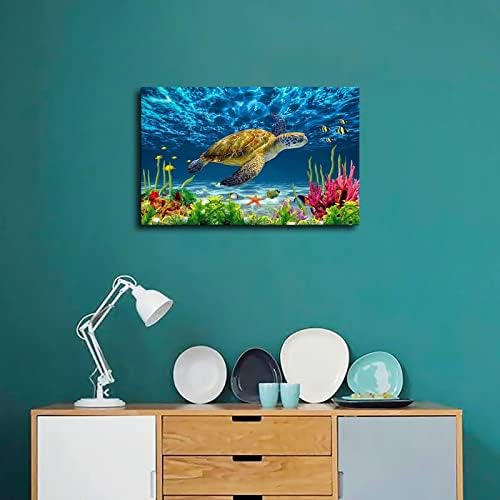Fürdőszoba Fali Dekor Kék Óceán Tengeri Teknős Wall Art Plakát Grafika a lakberendezés (16×24inch Keretes)