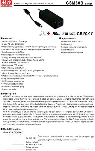ÉRTEM, HÁT GSM60B05-P1J 5V 6A 30W AC-DC Magas Megbízhatóság Orvosi Adapter