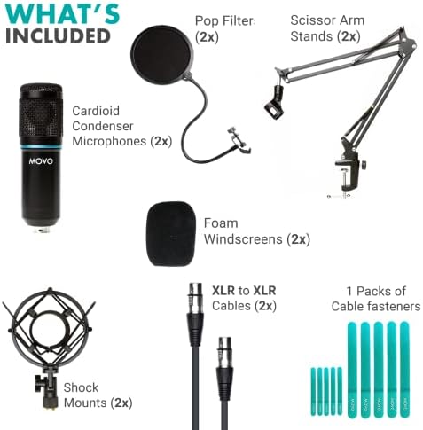 Movo 2-Pack Egyetemes Kardioid Kondenzátor Mikrofon Készlet Csuklós Ollós Kar mikrofonállvány, rezgéscsillapító,
